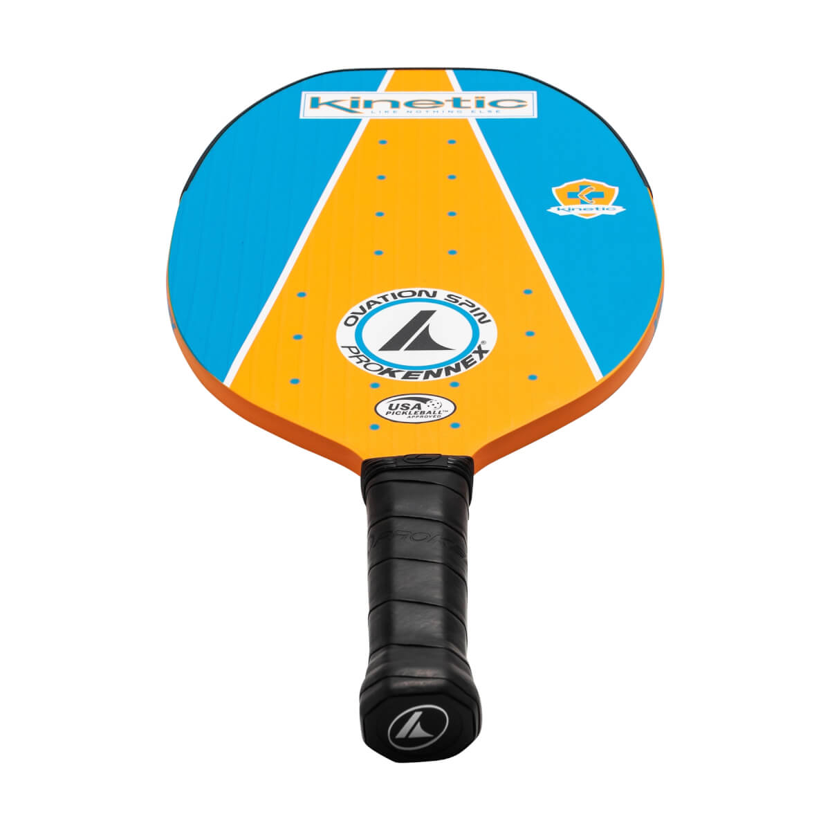Top-down view of a blue and orange pickleball paddle with Kinetic and ProKennex Ovation Spin text.
