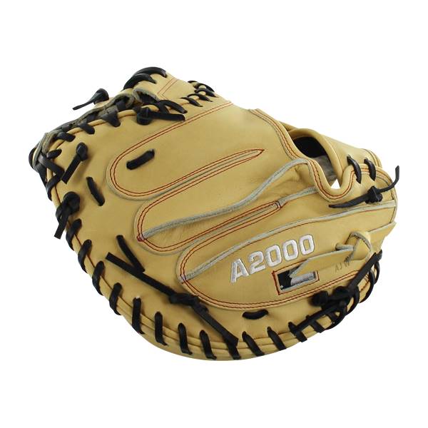 Top-down view of a tan catchers mitt with black lacing and A2000 branding.