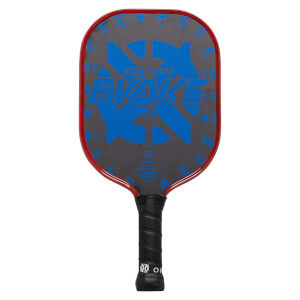 Front view of a red pickleball paddle with a gray surface, blue EVOKE graphic, and black grip.