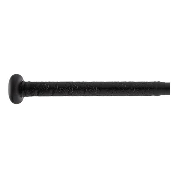 Side view of a black baseball bat with a textured grip and black end cap.