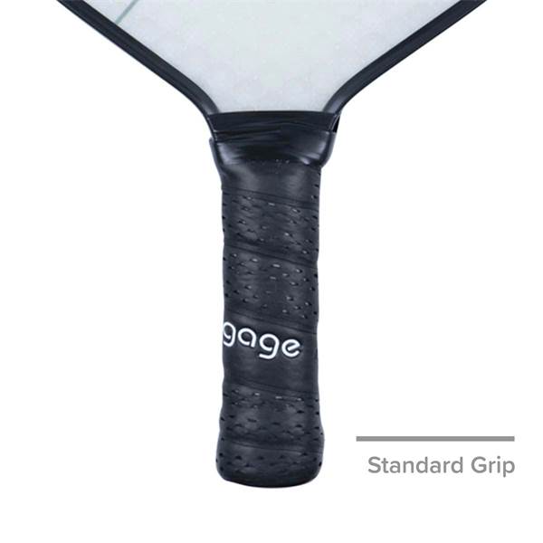 Close-up of a black pickleball paddle grip with perforated texture and gage logo.