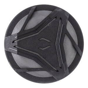 Top-down view of a dark gray bat end cap with a textured surface and raised geometric pattern with bracket shapes.
