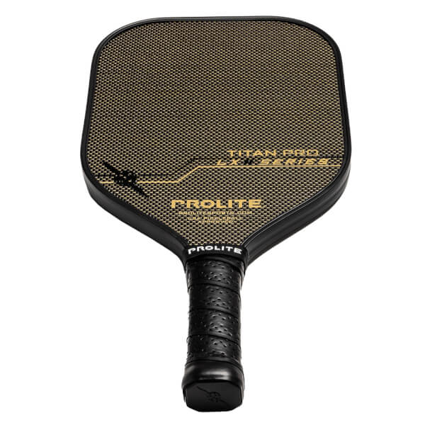 Front view of a black pickleball paddle with a gold textured surface, PROLITE text, and a black grip.