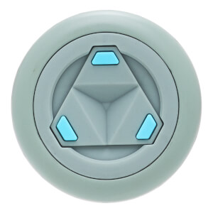 Top-down view of a light green bat end cap with a grey central triangular design and three bright blue accents.