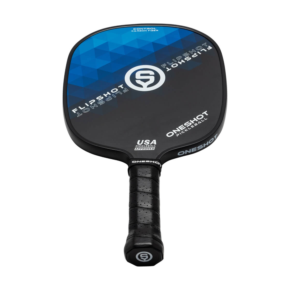 Top-down view of a black pickleball paddle with blue geometric design, FLIPSHOT text, and USA PICKLEBALL APPROVED label.