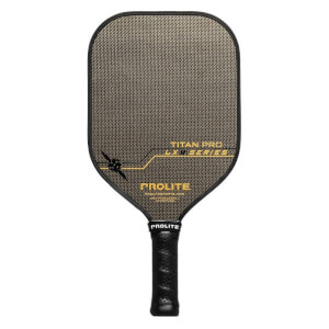 Front view of a gold and black pickleball paddle with TITAN PRO LX II SERIES and PROLITE text.