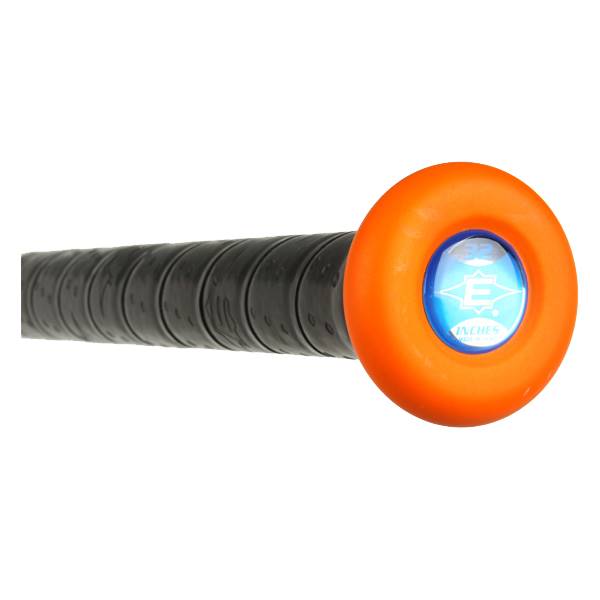 Close-up of an orange baseball bat knob with a blue Easton logo.