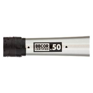 Side view of a silver baseball bat with a black grip and a BBCOR CERTIFIED .50 label.