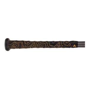 Close-up of a black baseball bat grip with a gold geometric pattern and an Easton logo.