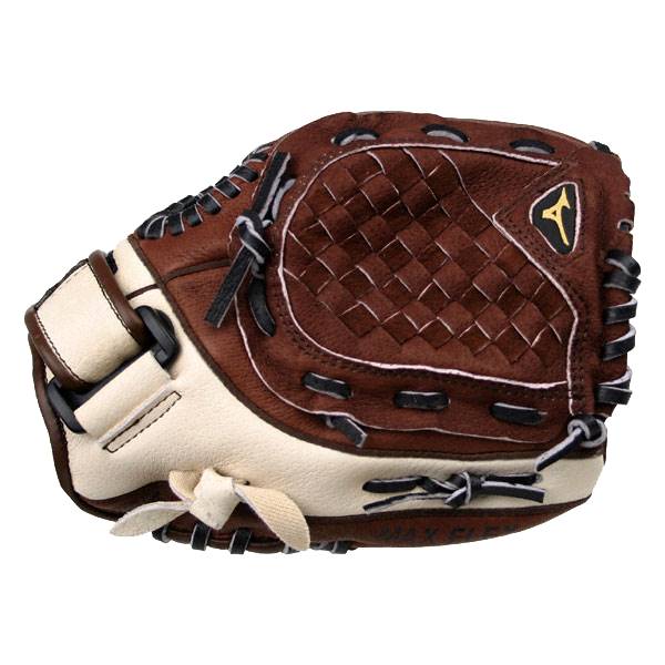 Side view of a brown and cream baseball glove with a diamond-stitched web and yellow Mizuno logo.