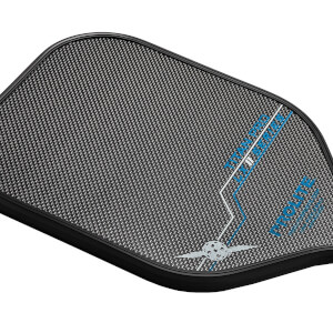 Corner view of a black pickleball paddle with a carbon fiber texture, blue TITAN PRO LX text, and a winged pickleball logo.