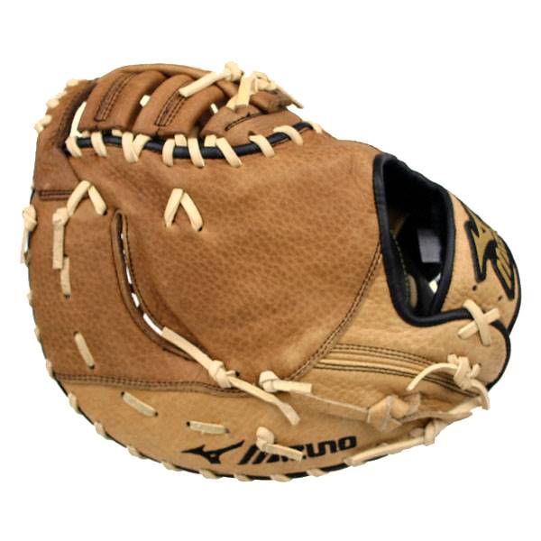 Side view of a brown baseball mitt with tan lacing and black Mizuno branding.