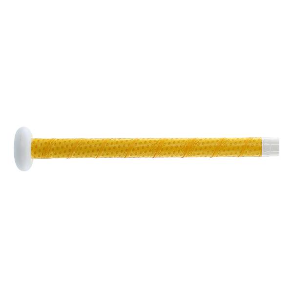 Side view of a yellow softball bat with a white knob and textured grip.