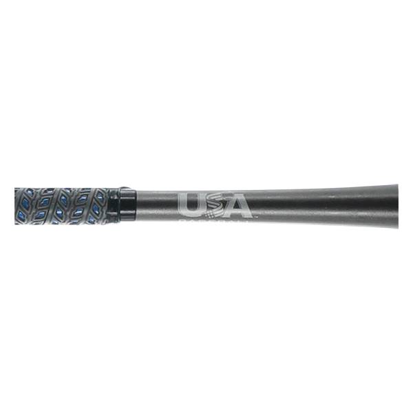 Side view of a gray baseball bat with a blue diamond grip and USA text.
