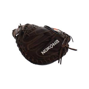 Side view of a brown Nokona catchers mitt with white NOKONA text and visible lacing.