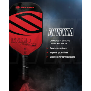 Front view of a red and black Selkirk Invikta pickleball paddle with a large black S graphic and white text.