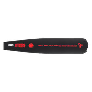 Side view of a black baseball bat with red branding, a 10 graphic, and OFFICIAL 2-5/8 DIA. BASEBALL text.