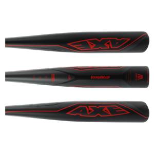 Three views of a black Axe HyperWhip baseball bat with red accents and branding.