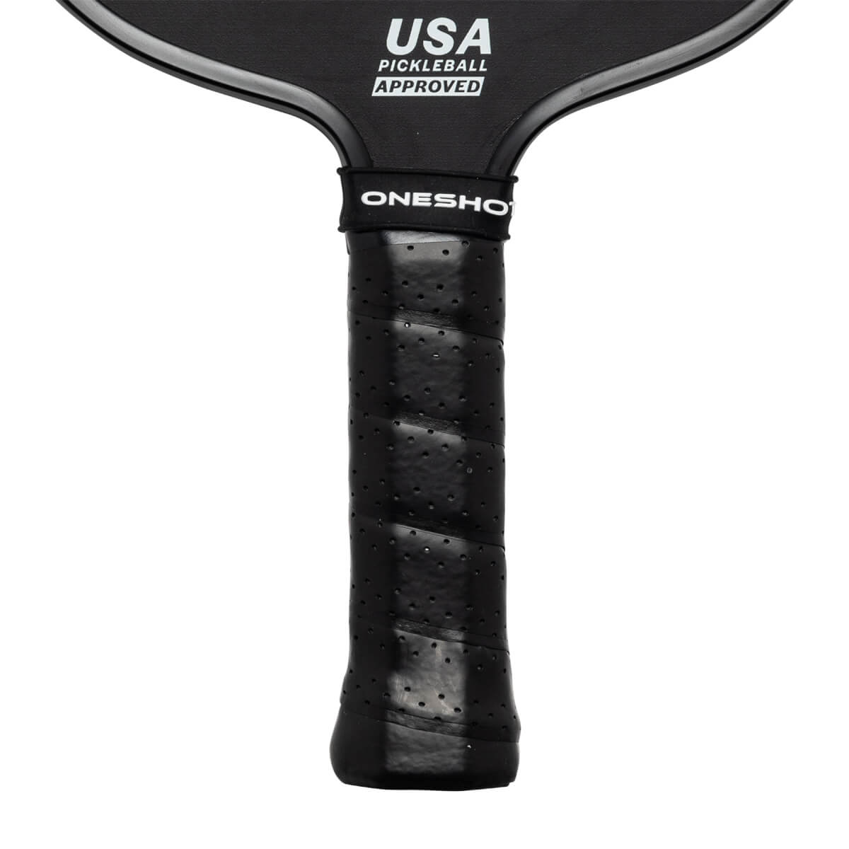 Close-up of a black pickleball paddle grip with ONESHO branding and USA PICKLEBALL APPROVED text.