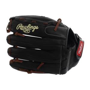 Side view of a black Rawlings glove with white stitching and brown lacing.