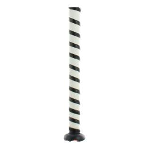 Side view of a white and black striped fastpitch softball bat with a black end cap.
