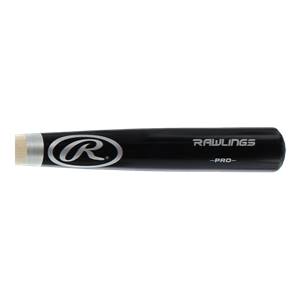 Side view of a black baseball bat with a silver Rawlings logo and PRO text.