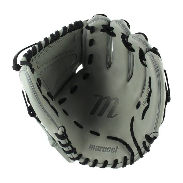 Top-down view of a gray softball glove with black lacing and Marucci branding.