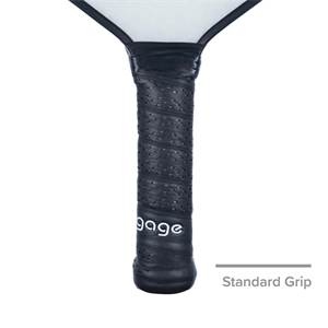 Close-up of a black pickleball paddle grip with white engage text and perforated texture.