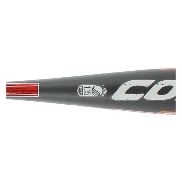 Side view of a black baseball bat with COMBAT logo, 1.15 BPF stamp, and USSSA certification.