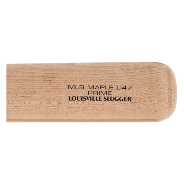 Close-up side view of a maple baseball bat barrel with visible wood grain and black MLB MAPLE U47 PRIME LOUISVILLE SLUGGER text.