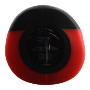 End cap view of a red and black baseball bat with 33 INCH and 30 OUNCE markings.