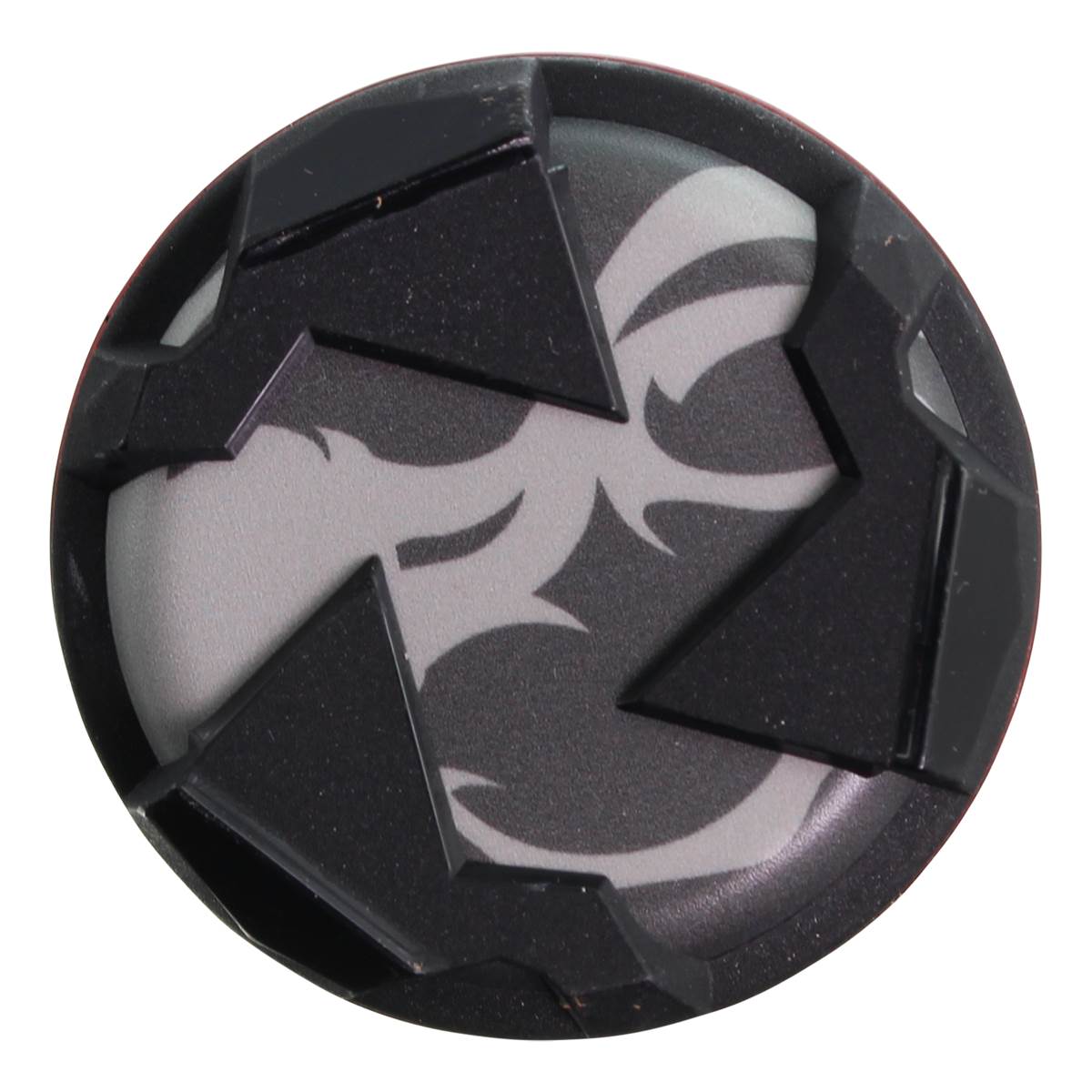Top-down view of a black softball bat end cap with a grey tribal design and geometric accents.