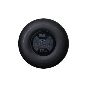 Top-down view of a black softball bat with Worth logo, 28 in., and 17 oz. markings.