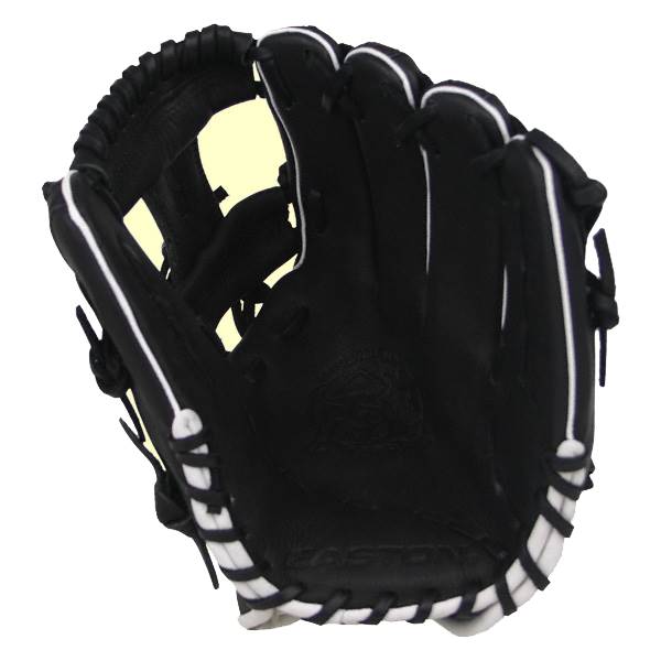 Top-down view of a black baseball glove with white lacing and visible EASTON text.