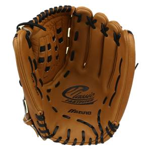 Inside view of a tan Mizuno Classic Fastpitch glove with black lacing and visible Classic Fastpitch and Mizuno logos.