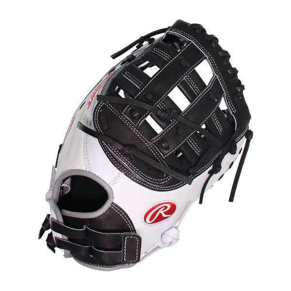 Top-down view of a white and black baseball glove with a red Rawlings logo and black lacing.