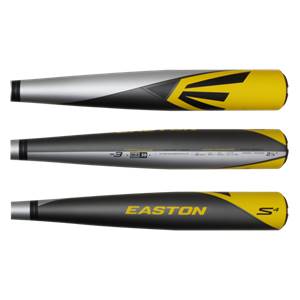 Side view of a black and yellow Easton S4 baseball bat with EASTON and S4 branding.