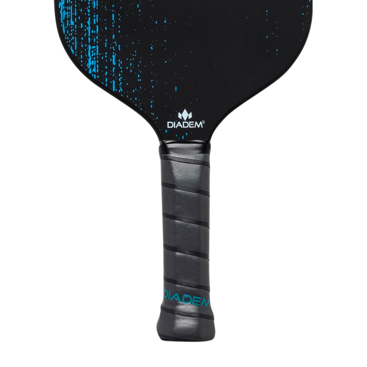 Close-up of a black pickleball paddle with blue speckle design and Diadem branding on the grip.