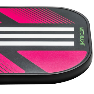 Corner view of a black pickleball paddle with pink and white stripes and MATCH LIGHT text.