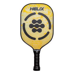 Front view of a yellow pickleball paddle with black HELIX branding and a textured surface.