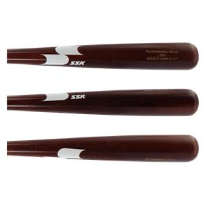 Side view of a brown maple baseball bat with white SSK logo and PROFESSIONAL EDGE JB9 SELECT MAPLE-32 text.