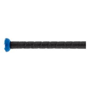 Side view of a black fastpitch softball bat with a blue end cap and textured grip.