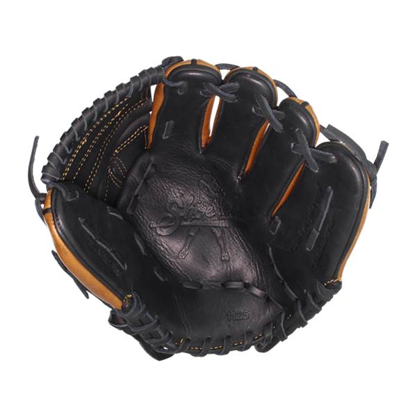 Top-down view of a black baseball glove with tan accents and 1125 embossed on the palm.