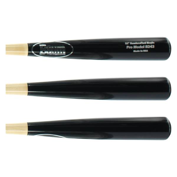 Three views of a black Baum baseball bat with a light wood knob and Baum logo.