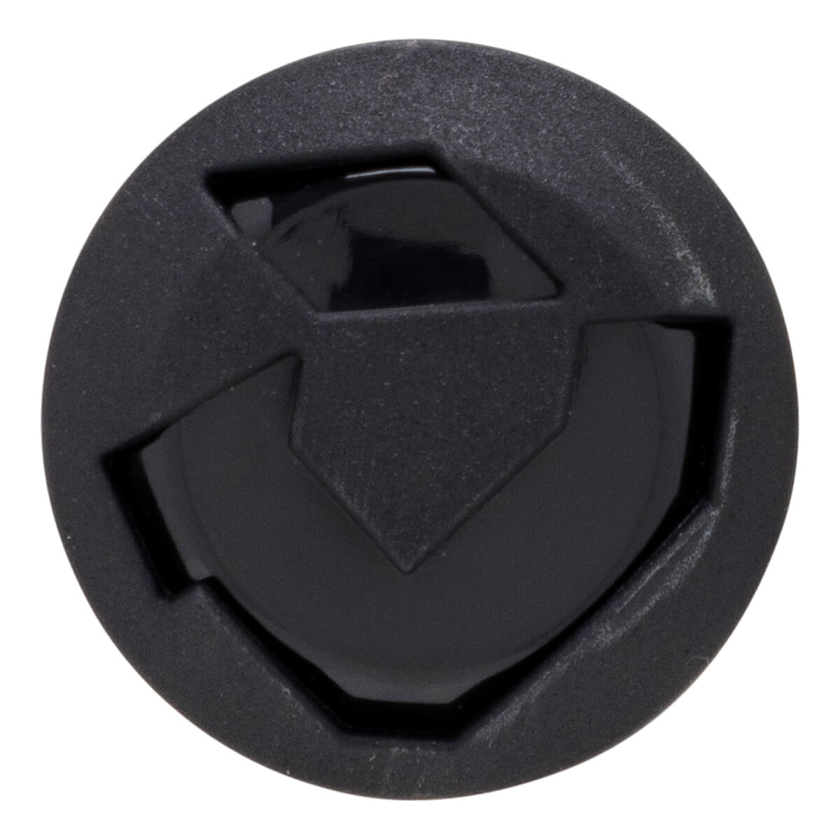Top-down view of a black softball bat end cap with a matte outer ring and glossy geometric center design.