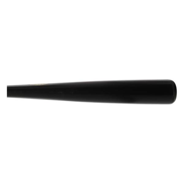 Side view of a black baseball bat with a smooth finish and a gold Sam Bat logo.