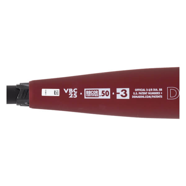 Close-up of a maroon baseball bat with VBC 25, BBCOR CERTIFIED, .50, -3, and DeMarini.com/patents text.