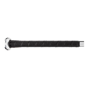 Side view of a black baseball bat with a textured grip and silver end cap.