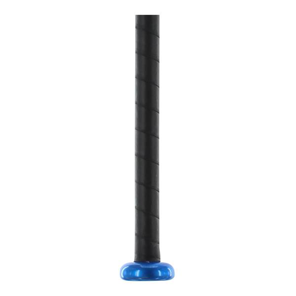 Close-up of a black tee ball bat with a blue end cap and textured grip.