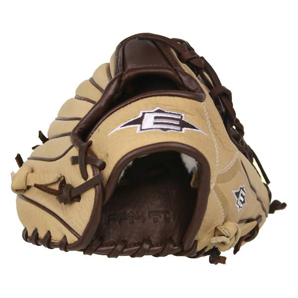 Front view of a tan baseball glove with brown lacing and white Easton E logo.